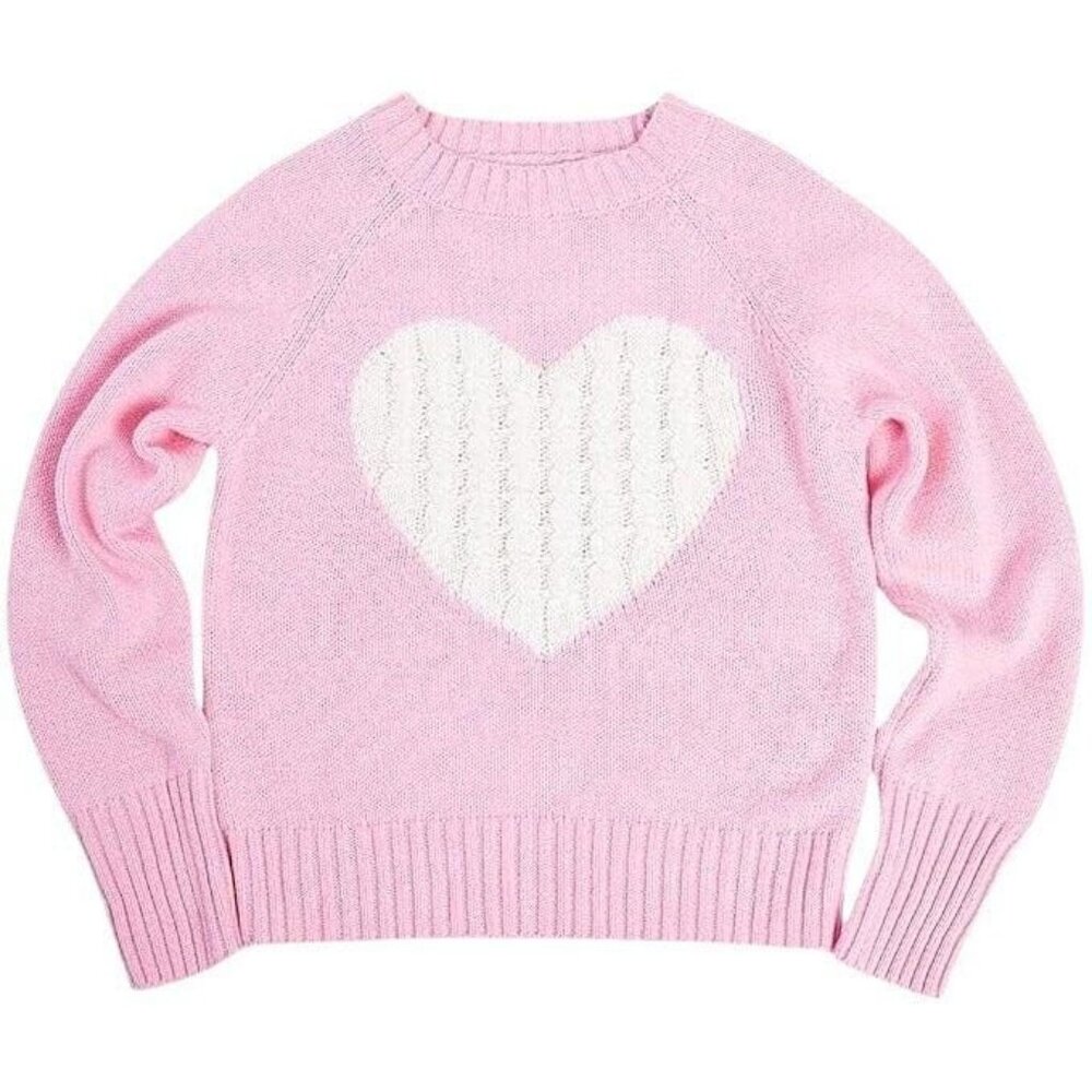 Kids Pink Heart Knit Sweater With Ribbed Hem & Cuffs